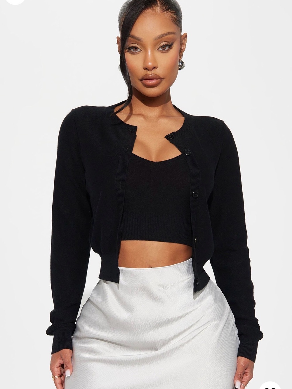 Black Cropped Button-Up Sweater Cardigan and Matching Tank - Women